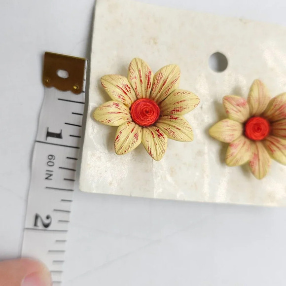 Vintage 1980s Hand-Painted Yellow Orange Flower Clip-On Earrings - Picture 4 of 5